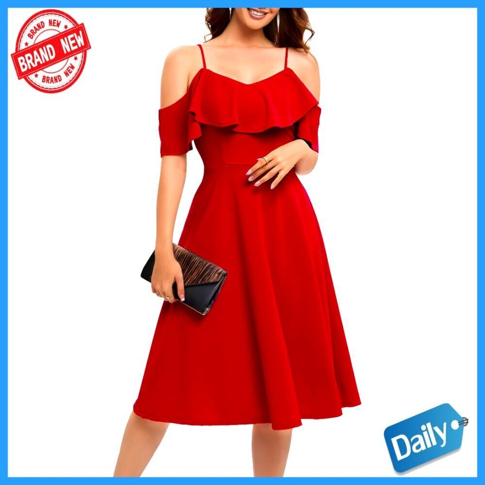 Off Shoulder A-Line Midi Dress Elegant Formal Cocktail Party Wear Adjustable